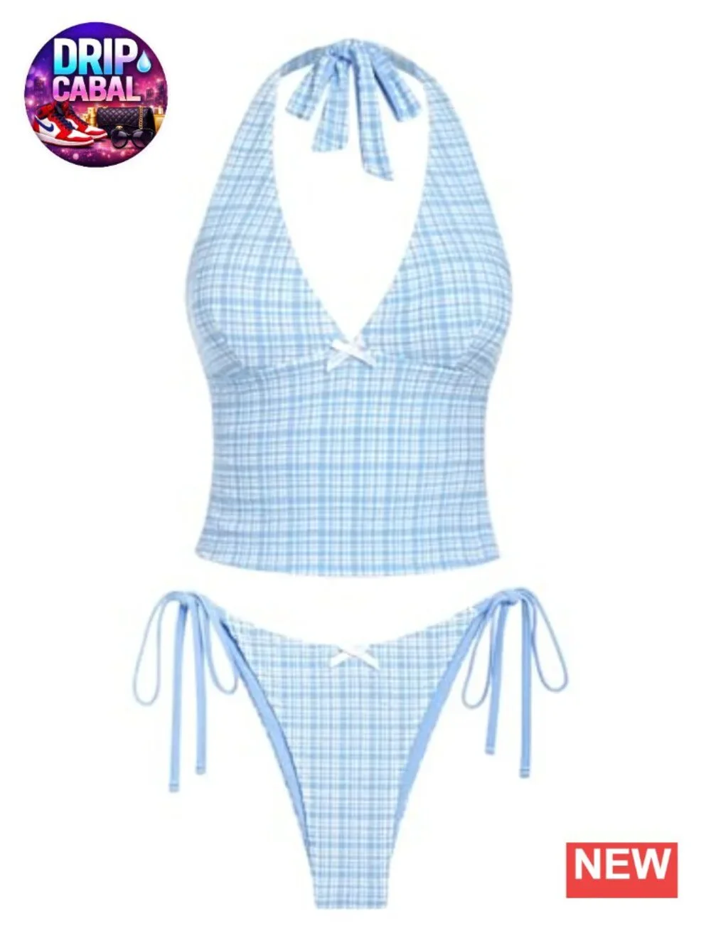 Gingham Halter V Neck Tankini Set with Thong Bottom Swimwear